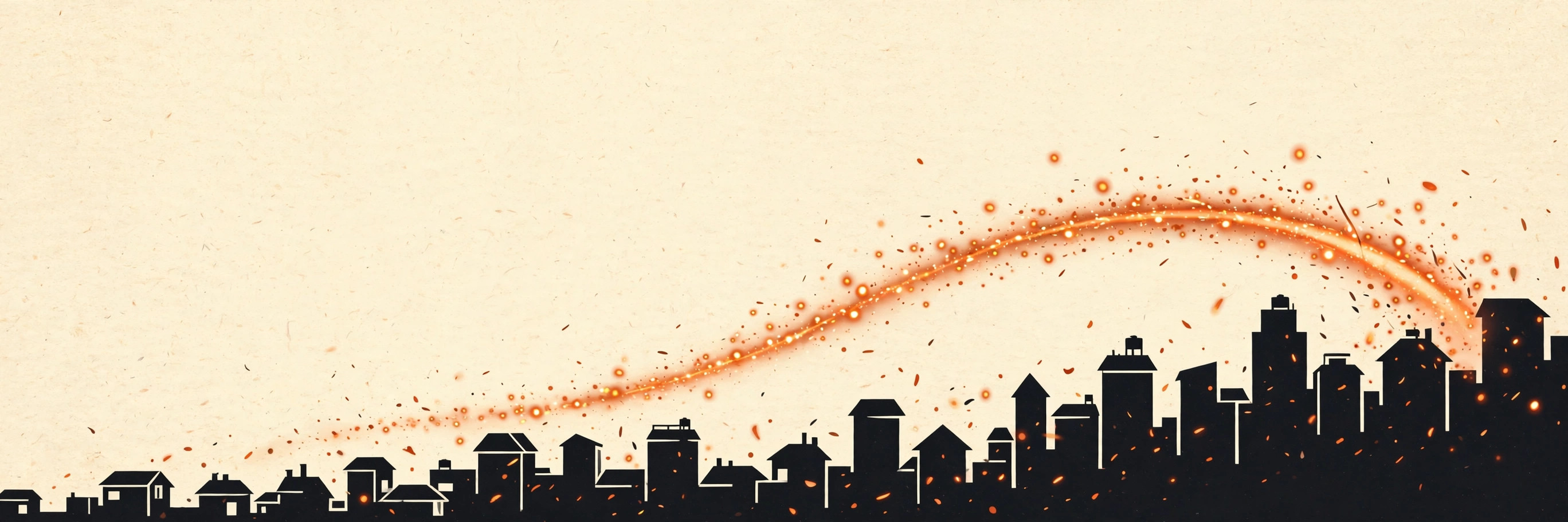 A rising skyline in ink on paper-cream, with an ember arc rising above the rooftops