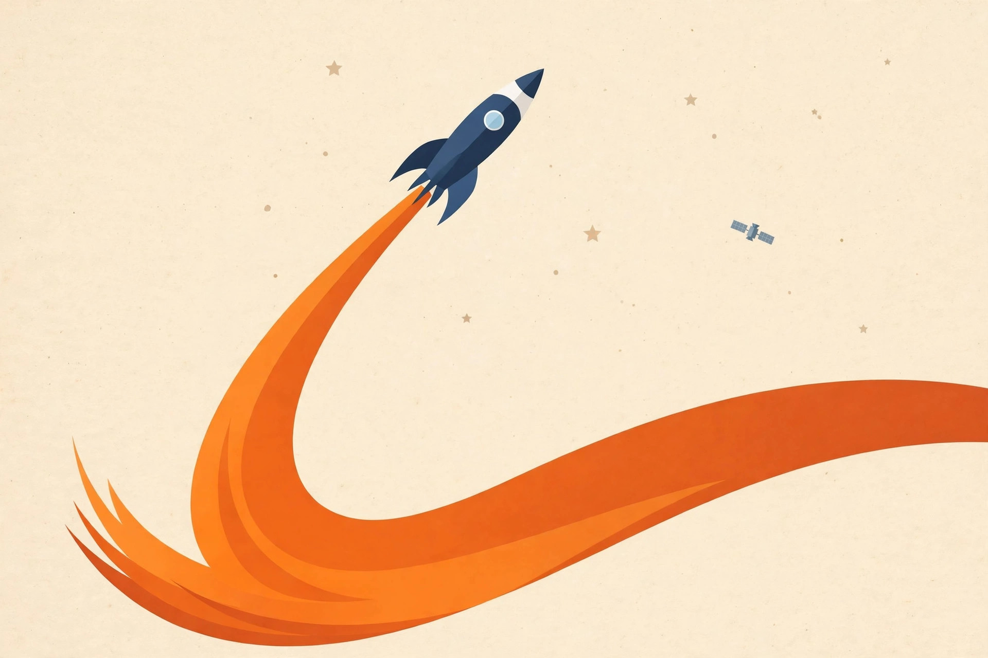 A rocket lifting off, leaving a bold ember-orange trail, with a small satellite in the distance.